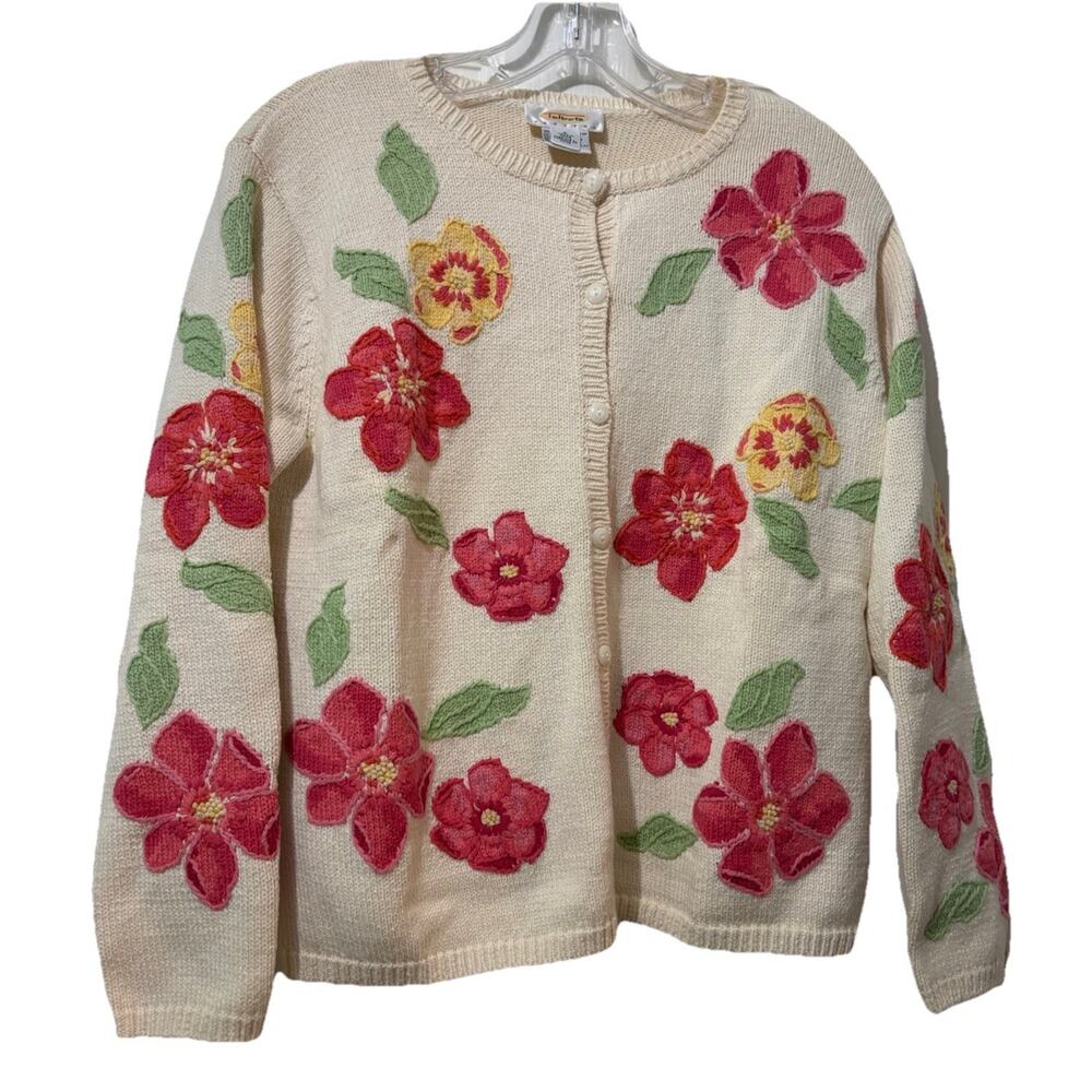 Talbots Petites Cardigan Sweater Size P/XS Ivory Preowned Knit Flowers Spring